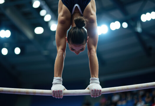 Female gymnast performs a handstand on the balance beam in a sports arena