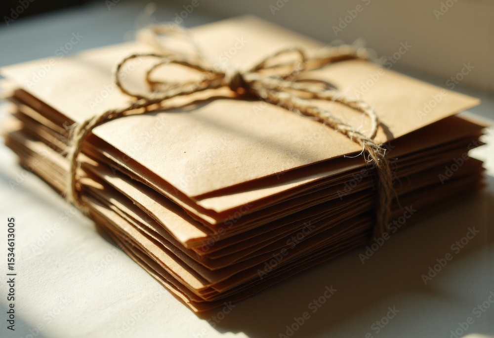 Poster a bundle of vintage paper envelopes tied with rustic twine on a soft surface
