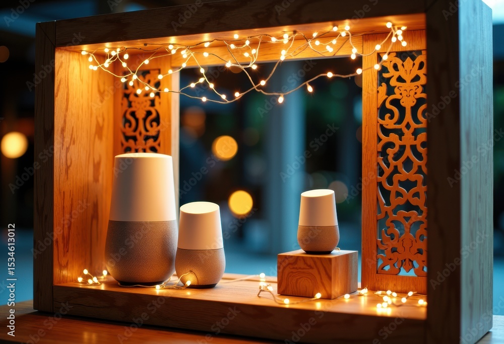 Poster decorative wooden display with ceramic vases and string lights creating a cozy ambiance