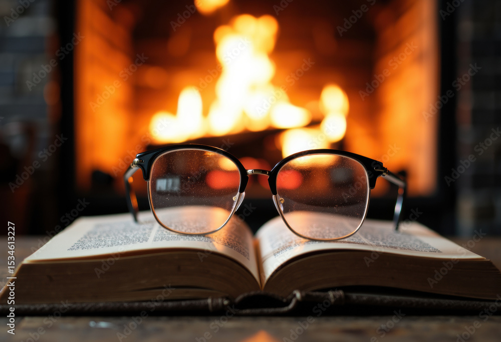 Poster reading glasses resting on an open book in front of a cozy fireplace with a warm glow