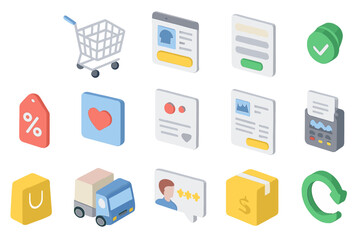 E-commerce icons: shopping cart, discount, review, delivery box illustrations