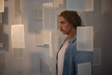 Self-debt, unfulfilled promises, concept. A depressed, unkempt man stands in the cloud of his to-do...