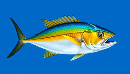 Succulent golden dorado fish on a vibrant azure backdrop, vibrant. isolated with white highlights