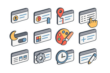 Colorful app interface icons with edit, settings, and location features