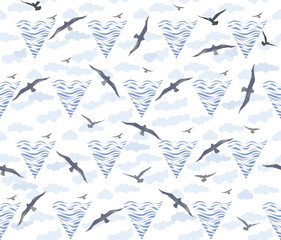 Seamless pattern with birds flying in the sky with clouds over sea waves. Nature sea view ornamental line drawn background