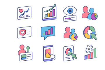 Colorful business and social media icons for data analysis and marketing