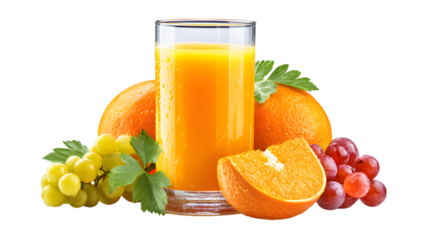 Fresh orange juice in a glass with grapes and oranges refreshing healthy beverage concept food photography isolated on white transparent
