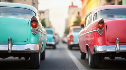 Fototapeta premium Vintage turquoise and red cars parked closely on a city street with blurred buildings in the background at sunset.