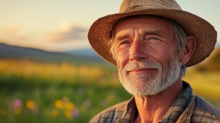 Fototapeta premium Wise farmer enjoys sunset in beautiful countryside setting