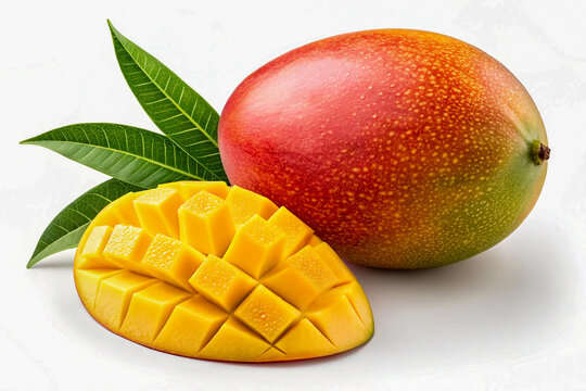 Ripe Mango with Leaves and Cubed Slices on White Background