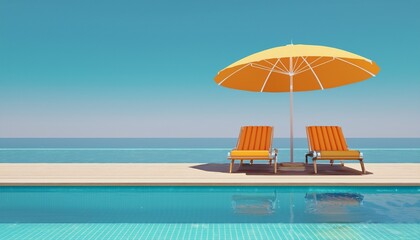 Obraz premium swimming pool with beach chair and umbrella summer vacation concept 3d rendering