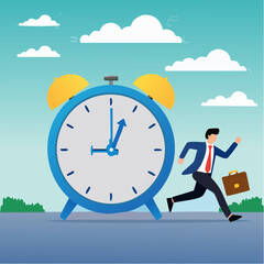 Time run out, deadline or hurry to go to the office late, urgency or determination to finish work fast, stressed or anxiety to complete work concept, hurry businessman run fast on time run out cloc