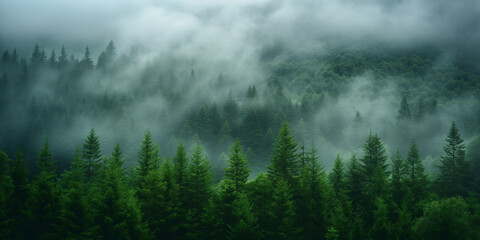Fototapeta premium Soft cinematic fog. Lush green pine forest blanketed by rolling mist. Ideal for nature documentaries, cinematic backdrops, or environmental themes.