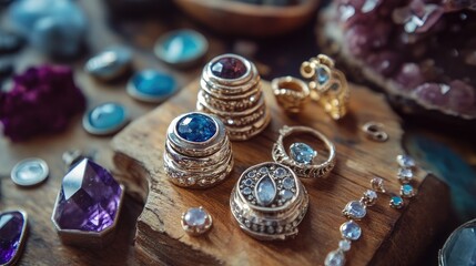 Collection of Elegant Handmade Jewelry Craft with Multicolored Gems and Precious Metals on Wooden Surface