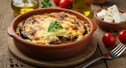 Greek moussaka layered with eggplant and b&eacute;chamel sauce