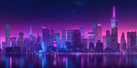 Fototapeta premium A stunning, neon-lit illustration of a famous skyline (like Tokyo or New York) glowing under the stars.