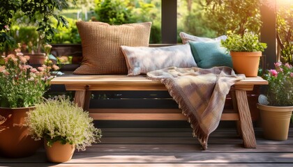 summer outdoor backyard decorations rustic flower stand with potted plants wooden bench with pillows and blanket cozy garden relax area