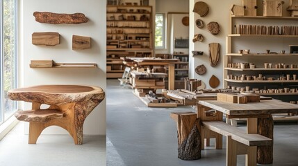 Modern Wooden Furniture Display in Artisan Workshop Showcasing Unique Craftsmanship and Natural Materials