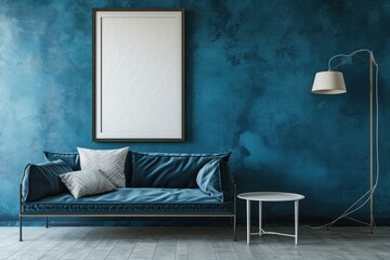 Frame on the wall in the interior in gray-blue colors. Poster mockup.