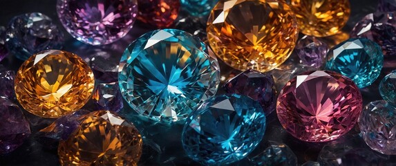 A Magnificent Collection of Colorful Gemstones Featuring Diamonds, Rubies, and Sapphires on Blue