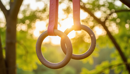 Wooden gym rings hanging from pink straps in a sunny park 
