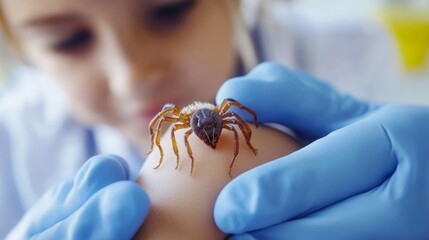 Tick removal from childs arm in a medical setting