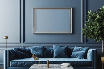 Frame on the wall in the interior in gray-blue colors. Poster mockup.