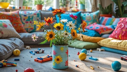 Colorful vase with wildflowers in a playful living room setting  