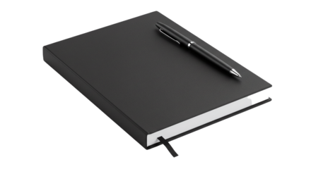 Black notebook and pen for journaling writing and note taking for office school or personal use on transparent background
