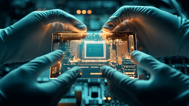 Hands examining circuit board - Powered by Adobe