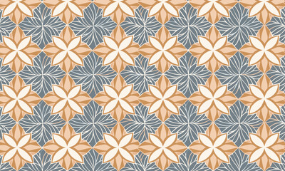 Geometric Block Print Floral Pattern with Hand-Drawn Texture. Seamless rustic vector background in blue and peach