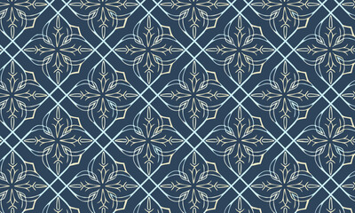 Elegant Stained Glass Damask Pattern in Navy and Gold. Seamless luxury vector background with a translucent effect