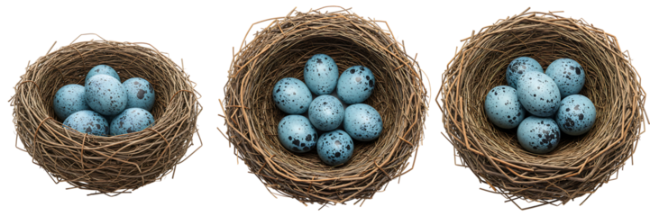 Bird Nests with Blue Speckled Eggs Transparent Background

