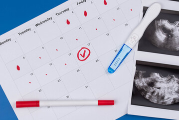 Positive pregnancy test, gynecological ultrasound image and ovulation calendar marked with menstruation and ovulation dates. Fertility tracking, family planning, maternal health, and prenatal care.