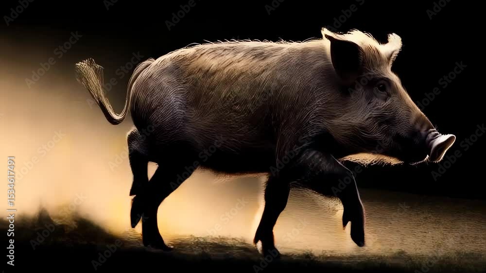 Poster dynamic wild boar running through dust cloud in natural habitat sequence