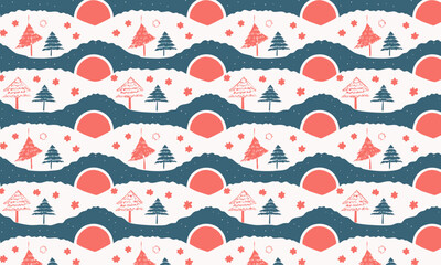 Whimsical Doodle Winter Landscape Pattern. Seamless hand-drawn vector background with trees and sun