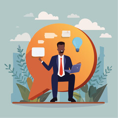 Communication to solve problem, meeting or conversation to success, efficient communicate, important speech or sharing opinion, feedback or discussion concept, businessman on speech bubble with ide