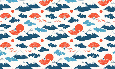 Japanese Mount Fuji and Fan Collage Pattern. Seamless traditional vector background with a textured feel