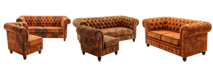 Classic Chesterfield Leather Sofas and Armchair Set Transparent Background

