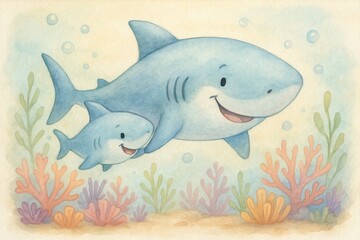 Obraz premium Baby shark and parent swimming underwater, watercolor illustration
