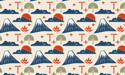 Fototapeta premium Classic Japanese Landscape Collage Pattern. Seamless traditional vector background with Mount Fuji and sun. 
