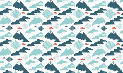 Hand-Drawn Mountain Adventure Pattern. Seamless textured vector background for kids and outdoor brands