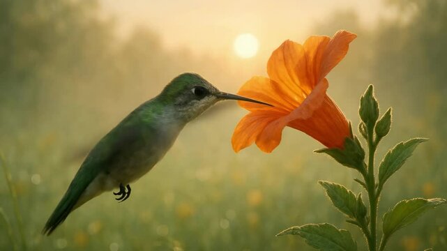 Close-up video of a hummingbird hovering near an orange flower at sunrise, capturing the delicate moment from a side angle with soft, natural lighting.