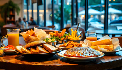 Fototapeta premium A colorful spread of assorted Western breakfast dishes arranged on a cozy café table, Backlit. isolated with white highlights
