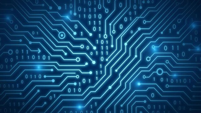 Futuristic circuit board design with glowing lines and binary code. Top-down angle, ideal for tech-themed video backgrounds or digital presentations.