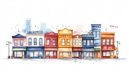 Vibrant Banners and Flags Displayed in Urban Building Street Watercolor Painting
