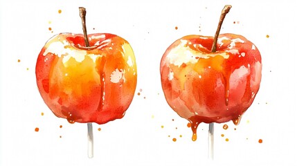 Delicious Caramel Apples Dessert Watercolor Vector Illustration