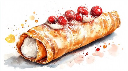 Delicious Cannoli Dessert Watercolor Vector Illustration