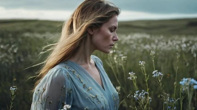 Side Close-Up of Woman in Pale Blue Silk Dress Standing Still in Wildflower Field with Windblown Fabric