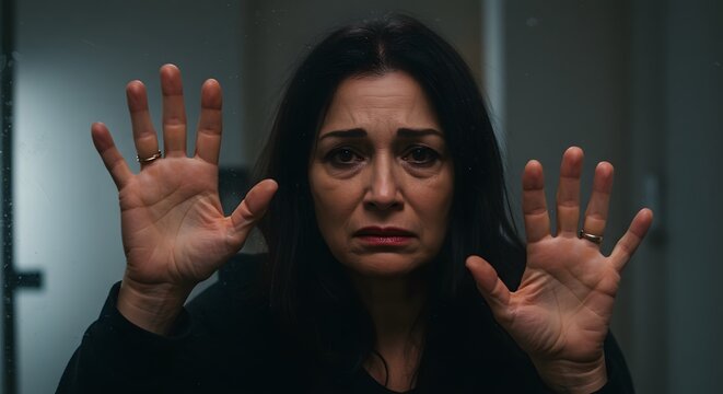 Depressed woman stuck behind glass seeking help and support depression concept